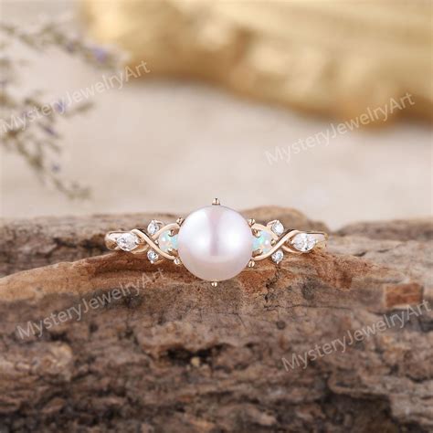 Vintage Pearl Engagement Ring Solid Gold Akoya Pearl Ring Moissanite