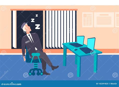 Male Security Guard Worker Sleeping At Workplace Man In Uniform Sitting