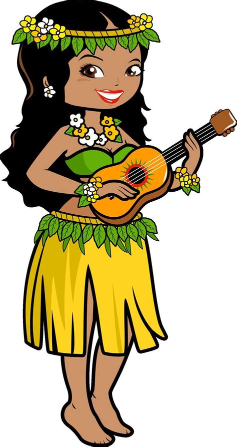 A Hawaiian Hula Woman Playing Music With Her Guitar In A Grass Skirt