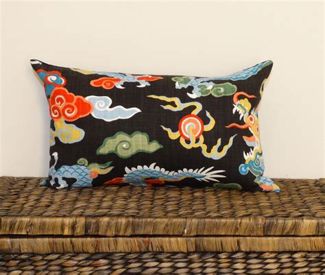 Black Chinoiserie Pillow Cover Dragon Cushion Blue Coral Asian Etsy