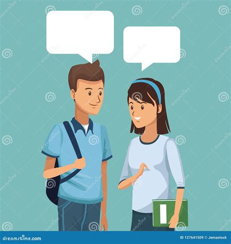Colorful Scene Half Body Couple Students Talking With Dialog Boxes