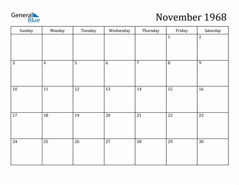 November 1968 Monthly Calendar (PDF, Word, Excel)