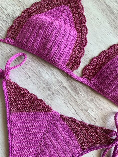 Purple Glitter Bikini Set Sexy Swimwear Cheeky Bottom Triangle Bikini Top Knitted Swimsuit