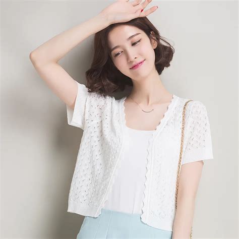 Hollow Out Summer Women V Neck Knitted Casual Short Sleeve Cardigans