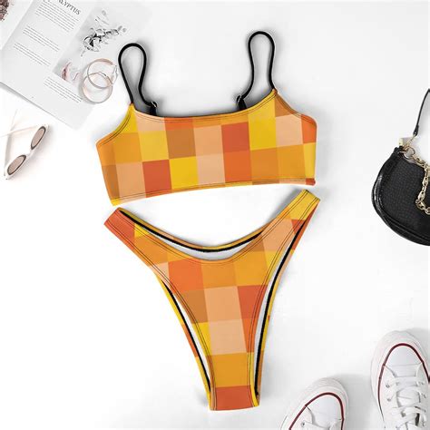 Orange And Yellow Pixelated Piece High Cut Bikini Swimsuit Women