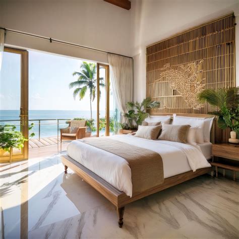 luxurious tropical bedroom  ocean view  natural accents