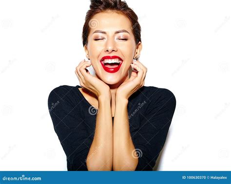 Happy Cute Brunette Woman In Casual Black Dress With Red Lips Stock Photo Image Of Girl