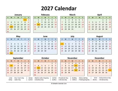 2027 Calendar With Us Holidays Editable In Excel Word Pdf