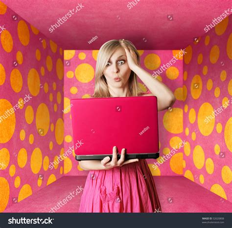 Surprised Blonde Pink Dress Laptop Pink Stock Photo 52620808 Shutterstock