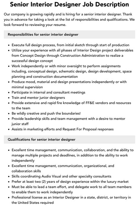 Senior Interior Designer Job Description Velvet Jobs