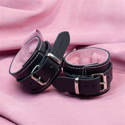 Bondage Cuffs - Black Leather lined with Pretty Baby Pink Suede with