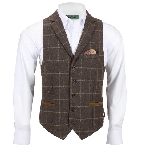 Mens Tweed Check Waistcoat Vintage Herringbone Velvetcollar Lapel Slim