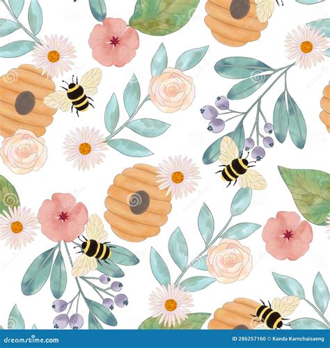 Meadow Wildflower Honeybee Watercolor Seamless Pattern Bee Flower