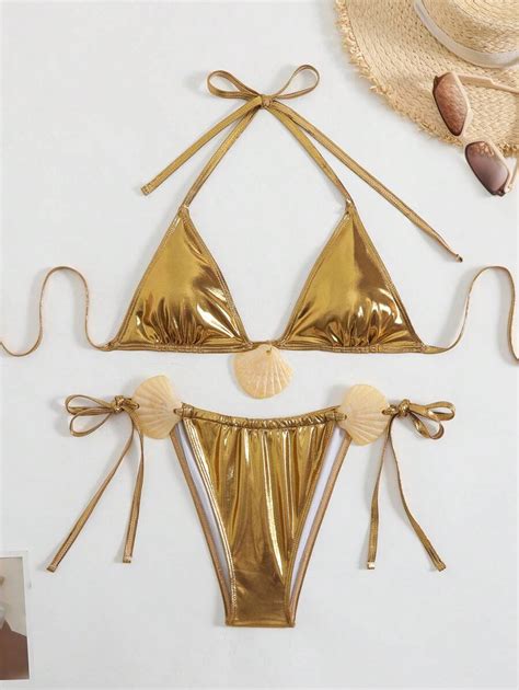 Swim Sxy Women S New Summer Beach Metal Effect Fabric Large Shell Decor Sexy Triangle Bikini Set