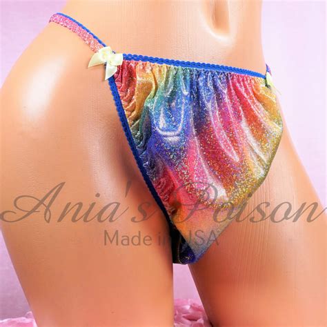 Rainbow Metallic Shiny Foil Wetlook String Bikini Sissy Mens Dancer Panties Sissy Panties