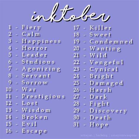 Inktober Prompt List By Harleing On Deviantart