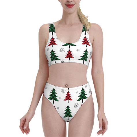 Lukts Women High Waisted Bikini Set Buffalo Plaid Christmas Trees Swimsuit Piece Bathing Suit