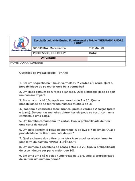 Questões De Probabilidade Pdf - Questões de Probabilidade - 8º Ano | PDF