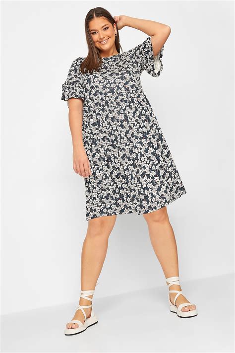 Yours Curve Plus Size Navy Blue Ditsy Floral Print Smock Tunic Dress