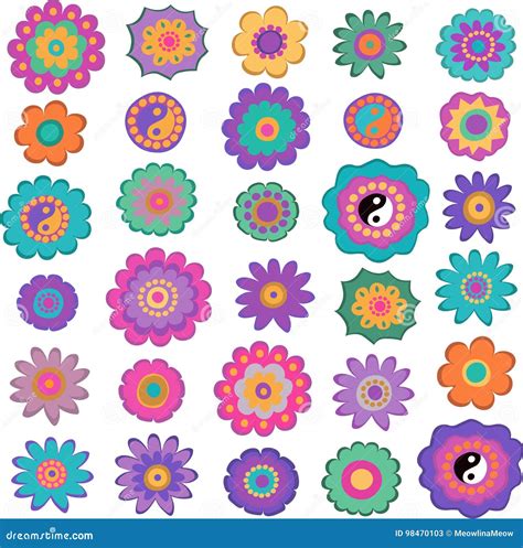 Set Of Colorful Hippie Flowers Stock Vector Illustration Of Hippie Cool 98470103