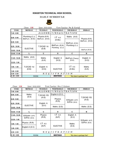 Grade 11 Schedule Kingston Technical High School