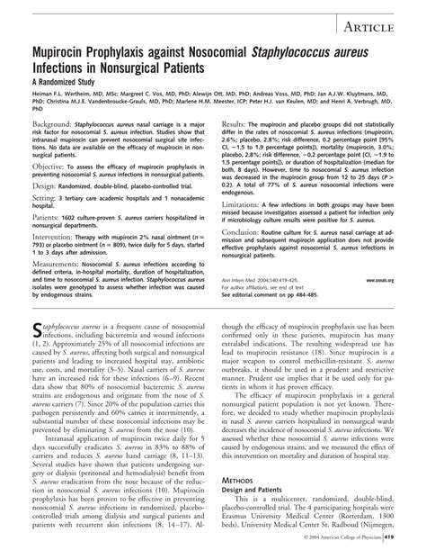 Pdf Mupirocin Prophylaxis Against Nosocomial Staphylococcus Aureus Infections In Nonsurgical