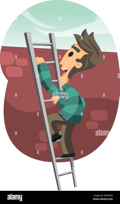Cartoon Illustration Man Climbing Ladder High Resolution Stock