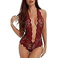 Evelust Womens Open Back Halter Plunging Teddy Comfortable Scalloped Trim Lace Lingerie At