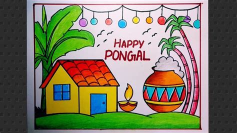 How To Draw Pongal Drawing Easy Happy Pongal Scenery Drawing Easy For