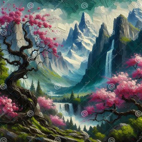 Hidden Gems Od Waterfall and Cherry Blossoms. Stock Illustration - Illustration of waterfall ...