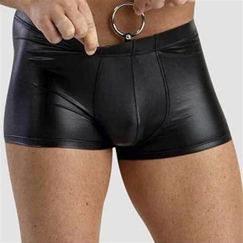 Wholesale Fashion Men Black Patent Leather Sheath Pants Sexy Wetlook Boxer Shorts Cool Punk Male