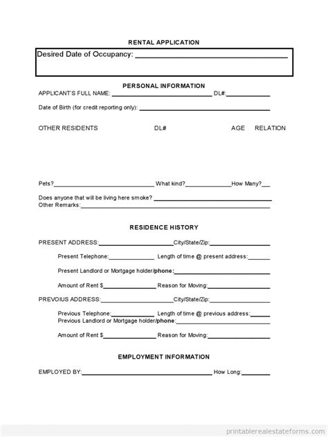 Tenant Rental Application Form Free Printable