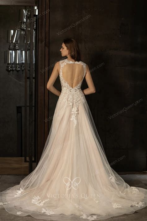 Elegant Pink Nude Lace Tulle A Line Open Back Wedding Gown Vq