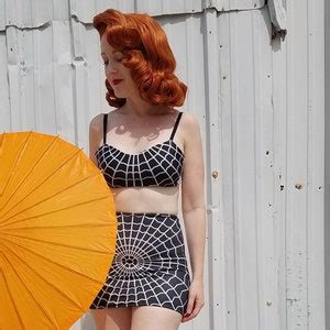 Vintage Inspired Two Piece Spiderweb Set High Waist Bikini Swim Skirt Retro Pinup Swimsuit Made