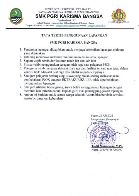 Tata Tertib Penggunaan Lapangan Official Website Smk Pgri Karisma Bangsa
