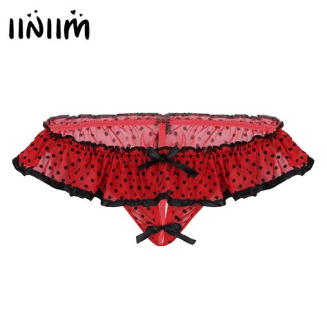 Mens Lingerie Sexy Gay Panties Open Crotch Sissy Butt Ruffled Sheer See Through Bowknot Polka