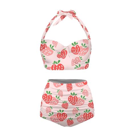 Jndtueit Strawberry Women S Retro High Waist Ruched Bikini Set Piece Swimsuit Sexy Swimwear