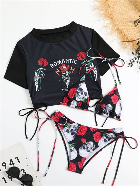 Shein Swim Y Glam Floral Skeleton Print Bikini Set Triangle Bra Short Sleeve Tee Tie Side