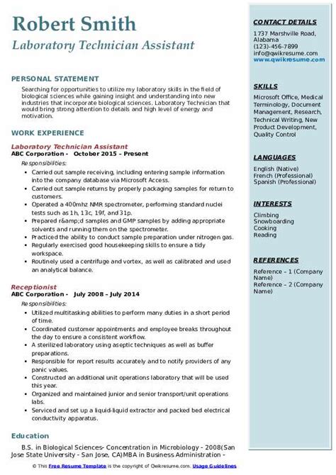 Laboratory Technician Resume Samples Qwikresume