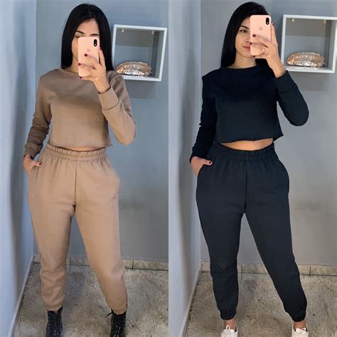 Conjunto Moletom Feminino Flanelado Preto Nude Shopee Brasil