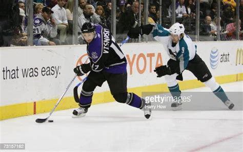 Lubomir Visnovsky Of The Los Angeles Kings Skates With The Puck As