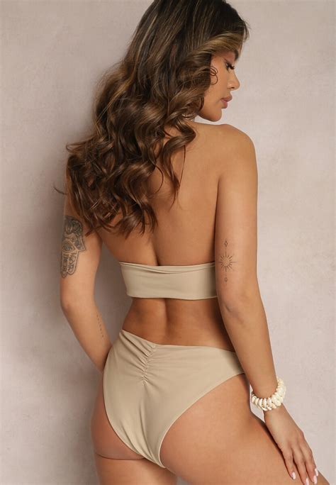 Beżowe Eleganckie Bikini z Ozodbnym Wiązanym Biustonoszem i Figami Push Up Gwydion Renee