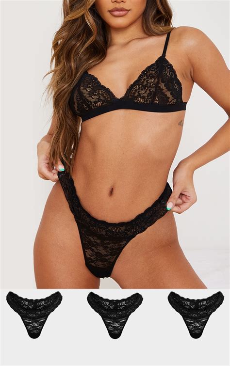 Black Basic Lace Thong Pack Lingerie Nightwear