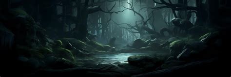 Paisaje De Bosque Misterioso Oscuro Concepto De Juego Neo Dibujo De