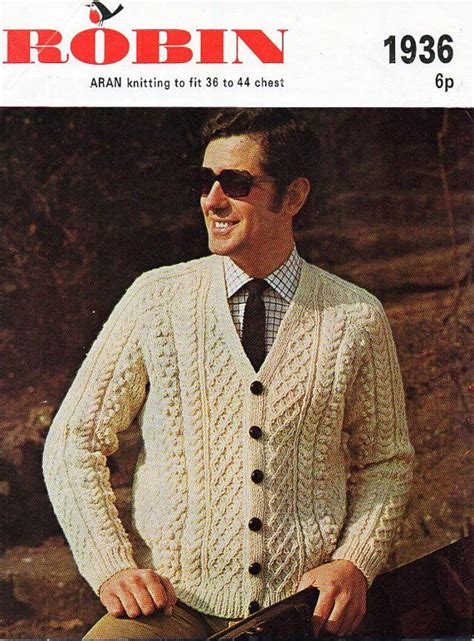 Vintage Mens Aran Cardigan Knitting Pattern Pdf Mens Cable Etsy Aran Cardigan Vintage