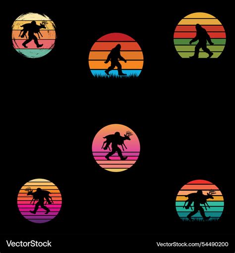 Retro Bigfoot Sunset Silhouette Bundle Royalty Free Vector