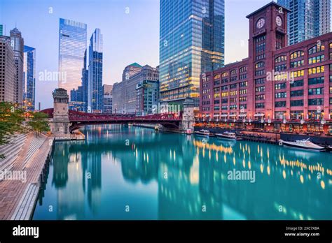 Chicago Downtown Cityscape With Chicago River At Dusk Illinois