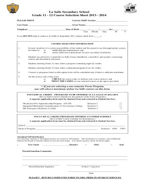 Fillable Online Grade Course Selection Form Page La Salle