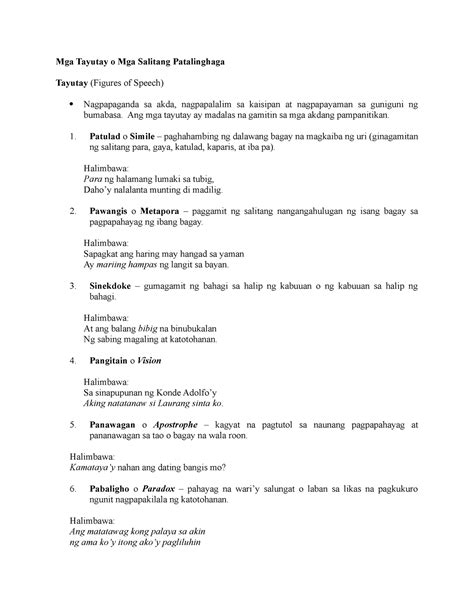 Mga Tayutay O Mga Salitang Patalinghaga Ang Mga Tayutay Ay Madalas Na