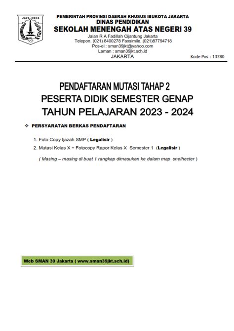 INFORMASI MUTASI TAHAP 2 PESERTA DIDIK SEMESTER GENAP TAHUN PELAJARAN